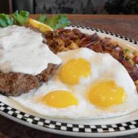 Bigfoot Chicken Fried Steak & Eggs* · Served with 3 eggs, strip-cut hash browns, country red potatoes OR fresh fruit & 2 housemade...