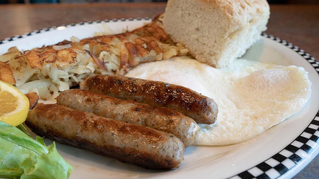 Link Sausage & Eggs · 3 large links of our specially seasoned pork sausage.