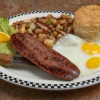 Hot Link & Eggs · A spicy 5.3 oz Texas-style beef & pork sausage hot link with two eggs, choice of side and a ...
