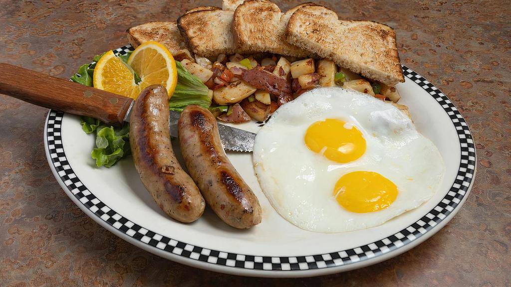 Roasted Red Pepper Chicken Sausage Link & Eggs · Two 3.2 oz links made with 100% boneless thigh meat, roasted peppers, onions and garlic served  with two eggs, choice of side and a biscuit.