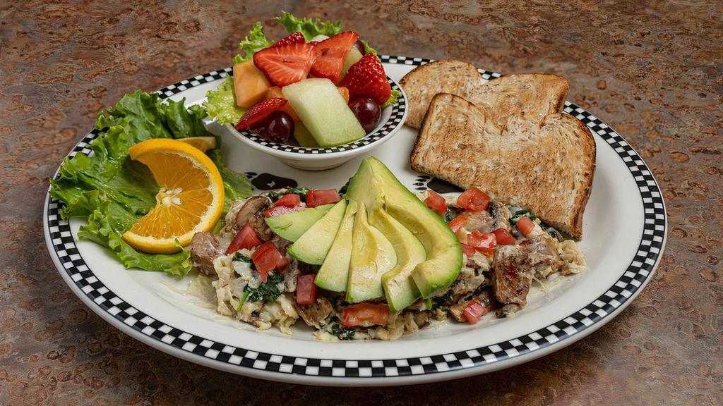 Beary Lite Roasted Red Pepper Chicken Sausage Scramble · (A low calorie breakfast option.)  Diced chicken sausage scrambled with egg whites, jack cheese, spinach, and sautéed mushroom.  Topped with avocado and diced tomatoes, served with fresh fruit and one slice of dry, wheat toast.
