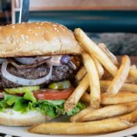 Bob'S Big Bear Burger · A 10 oz. all beef patty is specially seasoned and served with grilled onions, tomato, dill p...
