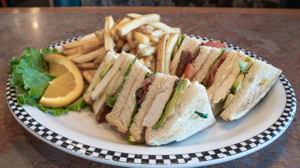 Chicken Avocado Club · This triple-stack includes marinated grilled chicken breast, avocado, bacon, lettuce, tomato, Swiss cheese & mayonnaise.