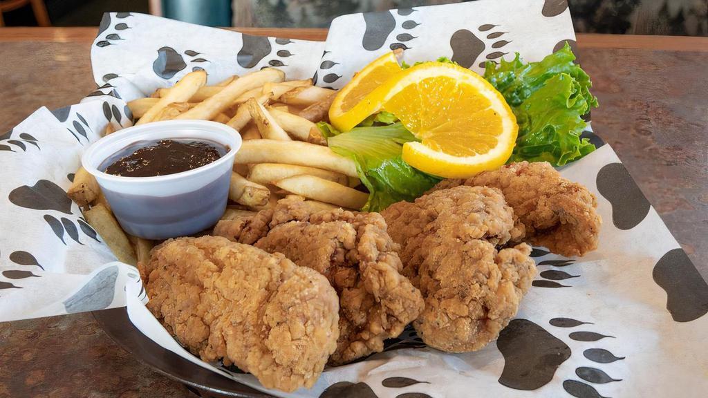 Chicken Strips Basket · 4 breaded chicken tenders. Served with your choice of BBQ or bacon ranch dressing.