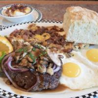 Chopped Steak & Eggs · 10 oz seasoned all-beef patty, topped with sauteed mushrooms & onion in beef gravy.  Served ...