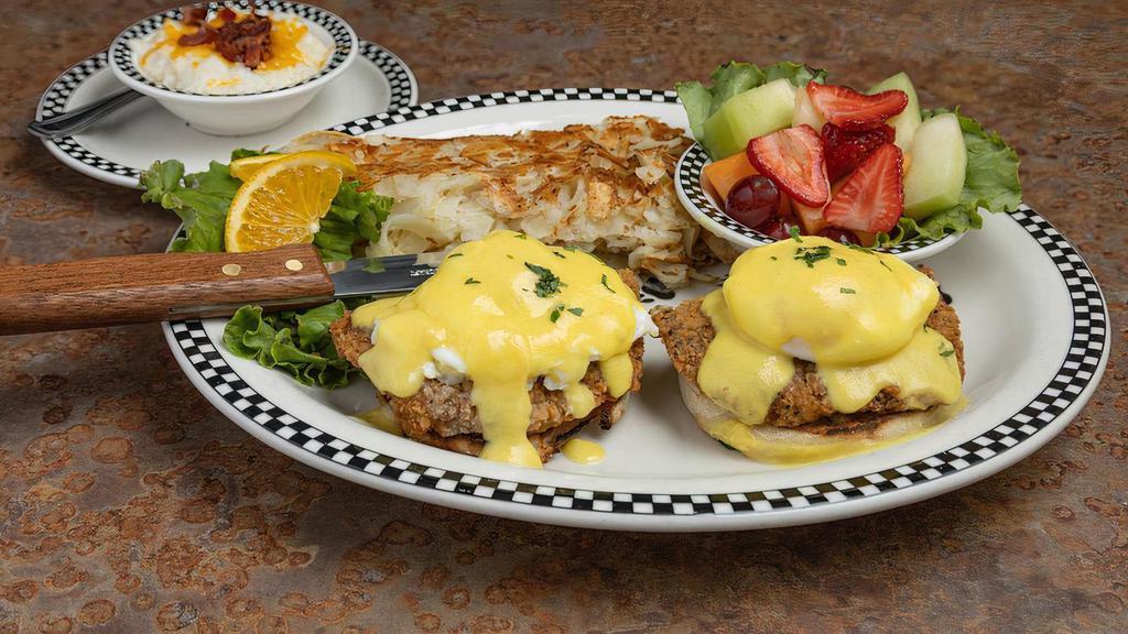 Chicken Fried Steak Benedict · 5 oz Bear Paw chicken fried steak, cut in half, over an English muffin with Hollandaise sauce.  Served with fresh fruit and choice of side.