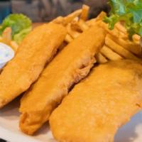 Fish & Chips · Cod fillets lightly battered and fried. Served with French fries, housemade cole slaw & tart...