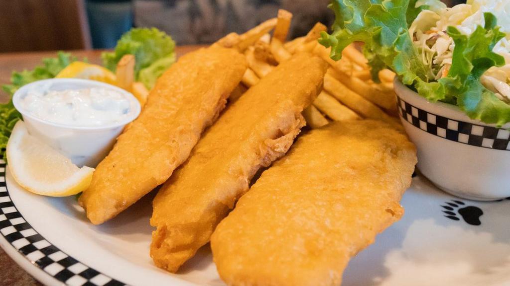 Fish & Chips · Cod fillets lightly battered and fried. Served with French fries, housemade cole slaw & tartar sauce.