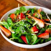 Strawberries & Baby Lettuces (GF/V) · with baby kale, jicama, carrots, Thai basil, scallions, and toasted sesame seeds.  Served wi...