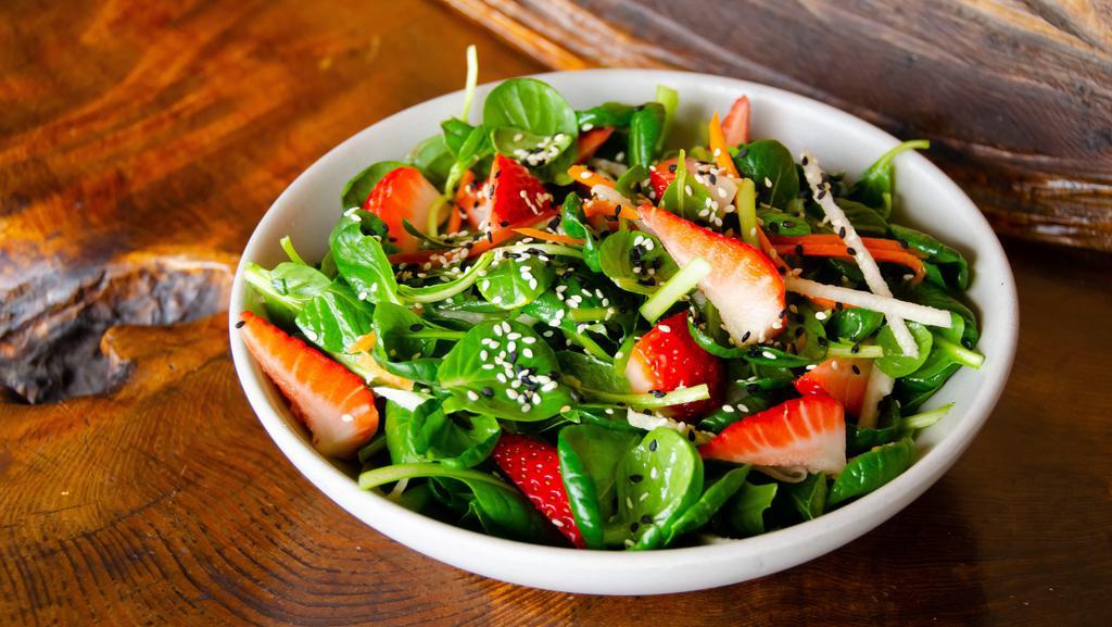 Strawberries & Baby Lettuces (GF/V) · with baby kale, jicama, carrots, Thai basil, scallions, and toasted sesame seeds.  Served with ginger lime vinaigrette.  Vegan, Gluten Free.