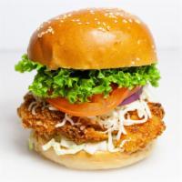 Crispy chicken  Burger  · Crispy chicken,  cheese , onion, lettuce, cabbage,  sauce