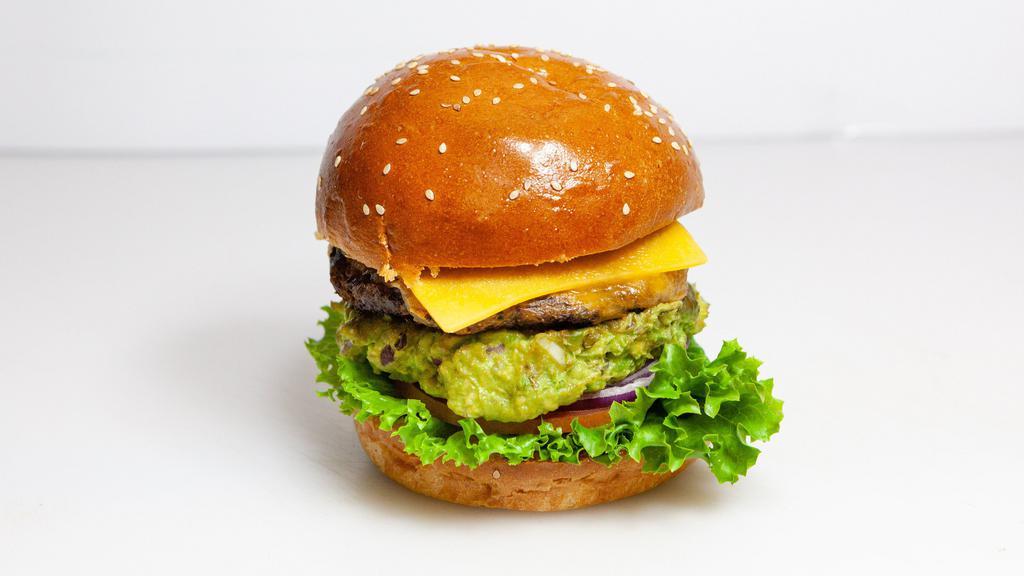 Fire Burger · Fresh guacamole mixed with spicy chili pepper topped with lettuce, tomato, onion, fire sauce.