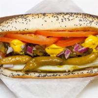 Vienna Hot Dog (Chicago styles) · Mustard, tomato, onion, reddish, Kosher style pickle and sport peppers.