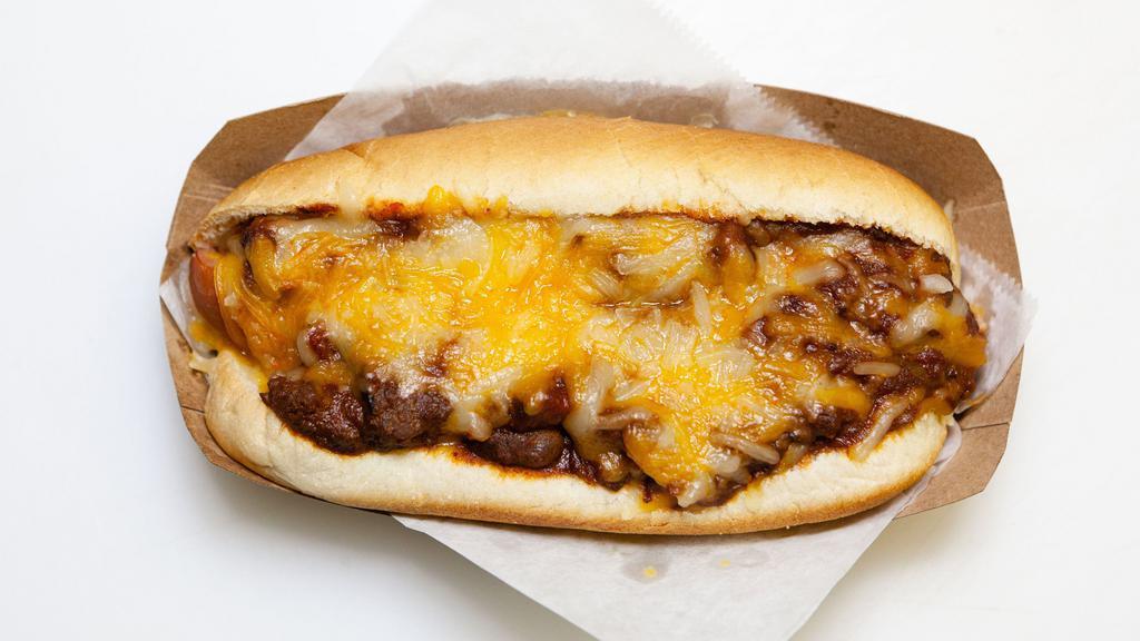 Chili Cheese Dog · Fresh homemade chili, topped with Cheddar cheese.