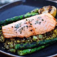 Roasted Salmon · 8oz  wild salmon filet, squash, quinoa medley and asparagus  - GLUTEN FREE