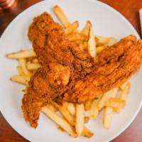Chicken Strips · Three Brined Mary’s Chicken Fried Tenders.  Served with Fries and Ketchup on the side.