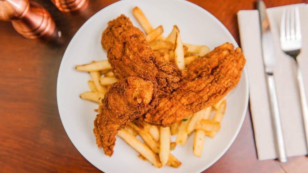 Chicken Strips · Three Brined Mary’s Chicken Fried Tenders.  Served with Fries and Ketchup on the side.