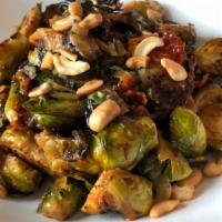 Brussels Sprouts · Grilled & Sauteed Brussels Sprouts, Applewood Smoked Bacon, Soy Glaze, Charred Scallion Vina...