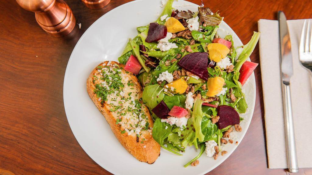 Beets & Greens Salad · Goat cheese, quinoa, pickled baby beets, arugula, artisan lettuce mix, frisee, candied pecans, and honey vinaigrette. GLUTEN FREE