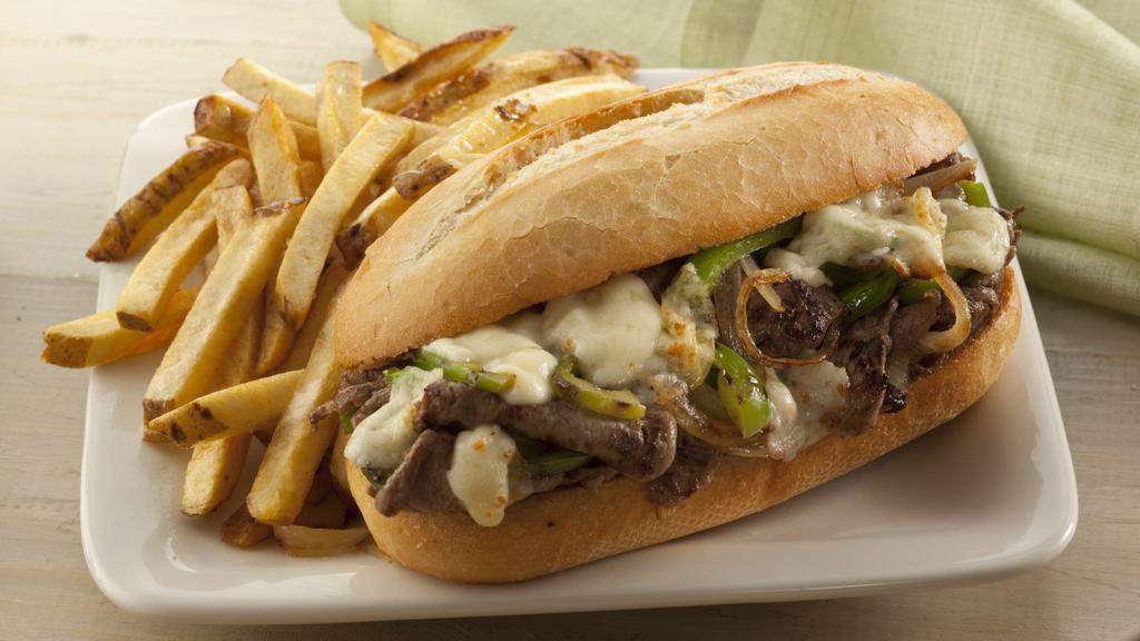 Steak Sandwich · Juicy steak, peppers, onions, and your choice of mozzarella or provolone.