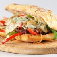 Fire Steak & Cheese Sandwich · Juicy steak, peppers, onions, hot sauce, and your choice of mozzarella or provolone.