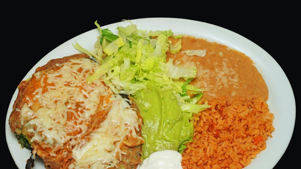 Chile Relleno Plate · 2 fried cheese filled chili covered with eggs & flour tortillas.