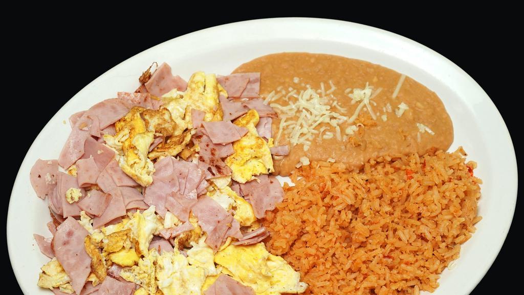 Ham & Eggs · Scrambled eggs cooked with ham and comes with a choice of flour or corn tortillas.