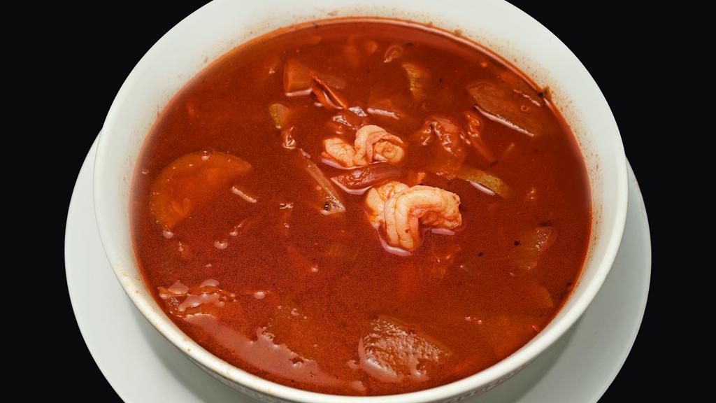 Caldo De Camaron · Shrimp soup with a side of tortillas or tostadas.