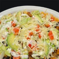 Burrito Bowl · Includes choice of meat, rice, black beans, cheese, sour cream, lettuce, tomato, and avocado