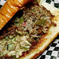 Philip's Philly Steak · Steak with grilled onions, bell peppers and swiss on a hoagie roll.