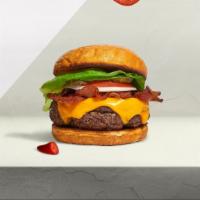 Bacon Me Crazy Burger · American beef patty topped with melted cheese, layers of crispy bacon, lettuce, tomato, onio...