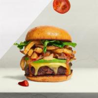 King's Fries Burger · American beef patty topped with fries, avocado, caramelized onions, ketchup, lettuce, tomato...