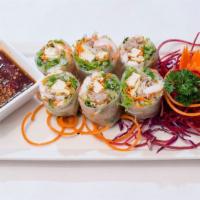 Fresh Summer Rolls · Minced chicken, prawns, egg, tofu, bean sprouts, lettuce and vermicelli noodles, wrapped and...