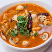 Tom Yum Soup (Small) · Hot and sour soup with lemongrass, galangal, kaffir lime leaves, mushrooms, tomatoes, scalli...