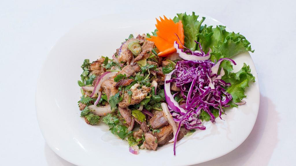Roasted Duck Salad · Diced roasted duck seasoned with Thai herbs and chili in lime dressing.