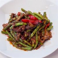 Spicy String Beans · String beans, prik khing curry paste and kaffir lime leaves.