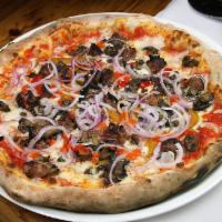 Fradiavola · Mozzarella, Italian sausage, tomato sauce, mushrooms, bell peppers, red onions & spicy peper...
