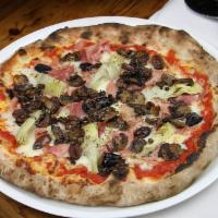 Capricciosa · Mozzarella, ham, artichokes, mushrooms, kalamata olives, tomato sauce & oregano Cal/990.
