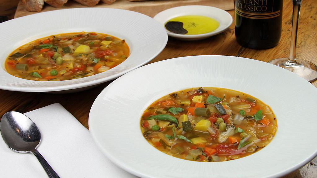 Minestrone Di Verdure (Bowl) · Seasonal vegetable soup made with vegetable stock Cal/110.