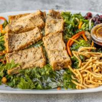 Tofu Kale Salad · Chopped kale and romaine lettuce, carrot, dried cranberries,  toasted walnut and crunchy cho...