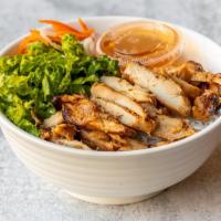 Grilled Chicken Vermicelli · Shredded lettuce, cucumber, mint, cilantro, pickled carrot; topping with peanut and dried sh...