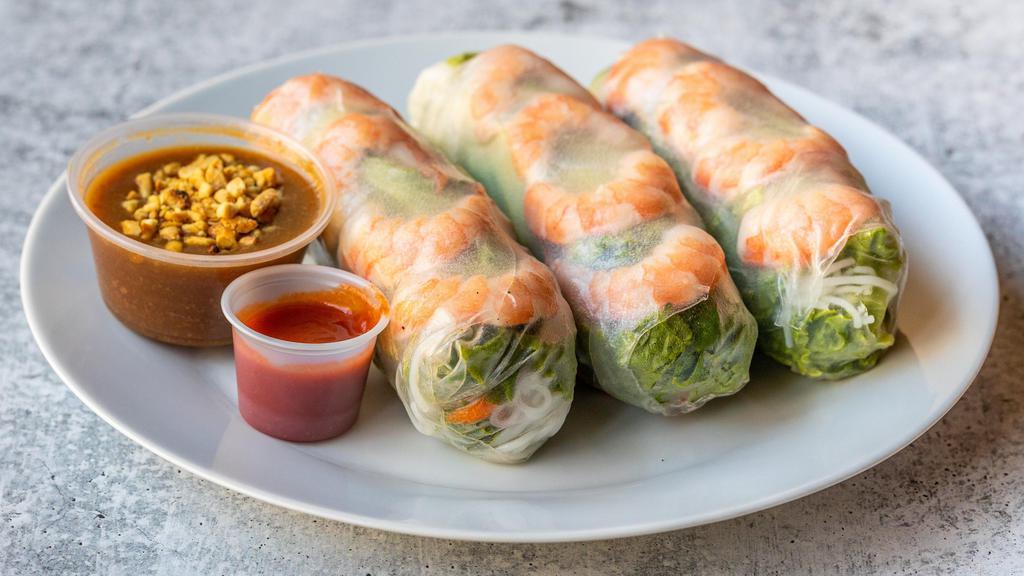 3 Pieces Shrimp Rolls · Favorite. Lettuce, vermicelli, mint, cilantro and pickled carrot in rice paper wraps. Serve with peanut dipping sauce.