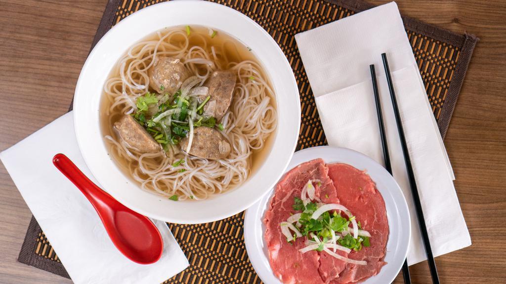 Pho with Beef Ball  · Rice noodle with rare sliced beef and beef ball.