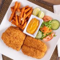  Fish & Chips  · Panko battered catfish fillets served with sweet potato fries and curry dip.