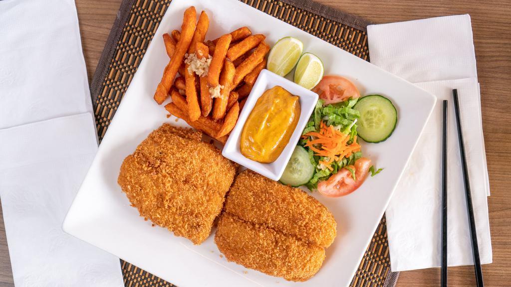  Fish & Chips  · Panko battered catfish fillets served with sweet potato fries and curry dip.
