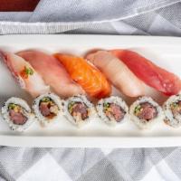Sushi Dinner · Five pieces nigiri (tuna, salmon, yellowtail, albacore, white fish) and ca or spicy tuna roll.