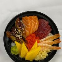 Chirashi Don · Nine pieces assorted sashimi over sushi rice.