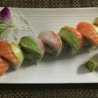 Rainbow Roll (8 Pieces) · Crab mix inside, assorted fish outside.