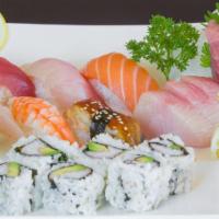 Sushi & Sashimi (6.Cal.6) · Nigiri(6), California roll (6),  sashimi (6) served with miso soup