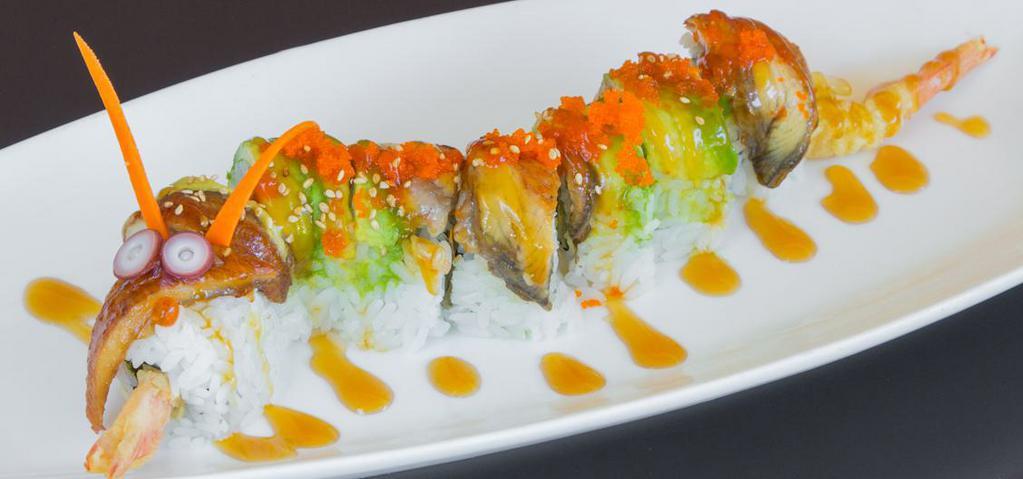 Dragon Roll (8 pcs) · Unagi and avocado over shrimp tempura, cucumber and avocado roll with tobiko.